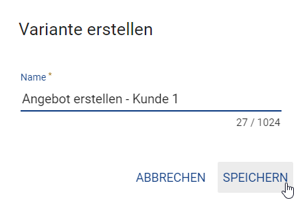 Der Screenshot zeigt das Dialogfenster für das Erstellen einer Variante.