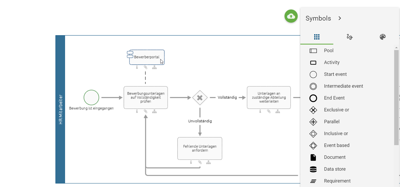 In dem hier gezeigten Bild sehen Sie ein Beispieldiagramm, in dem ein Applikationsobjekt mit Verbindung zu einem Aktivitätsobjekt existiert.