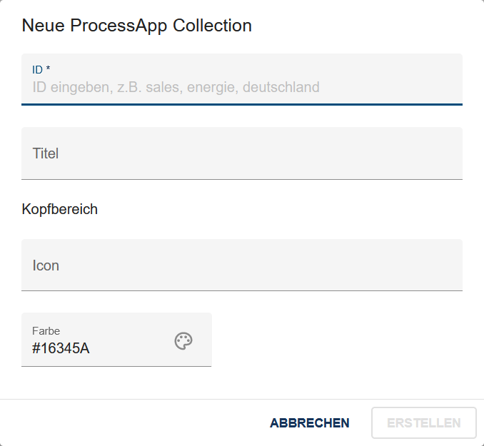 Dieser Screenshot zeigt das Formular, um eine neue ProcessApp Collection zu erstellen.