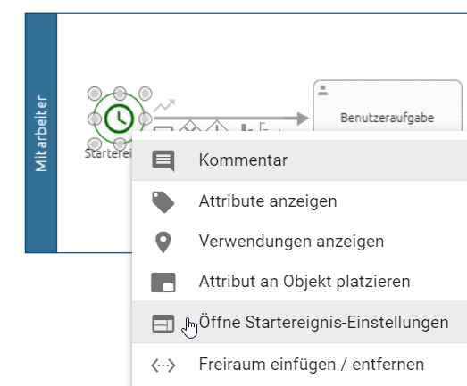 Der Screenshot zeigt das Kontextmenü eines Startereignisses vom Typ "Zeit". Die Option "Öffne Startereignis-Einstellungen" ist hier verfügbar.
