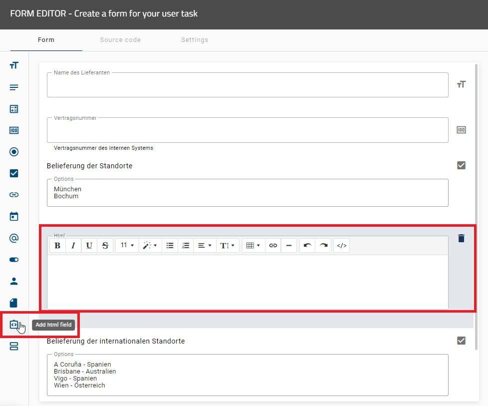 The screenshot shows the detailed overview of the HTML form field.