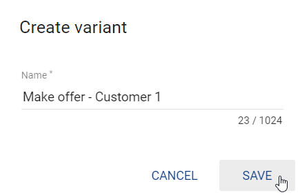 The screenshot shows the dialog window for creating a variant.