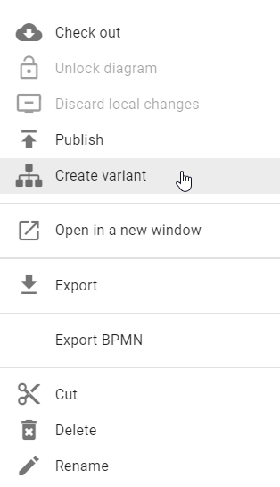 The screenshot shows the option "Create variant" in the context menu of a diagram.