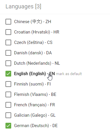 The screenshot shows the available and selected languages, as well as the bold default setting.