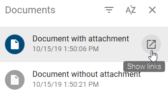The screenshot shows the "Show links" button of a document with attachment listed in the document tab.