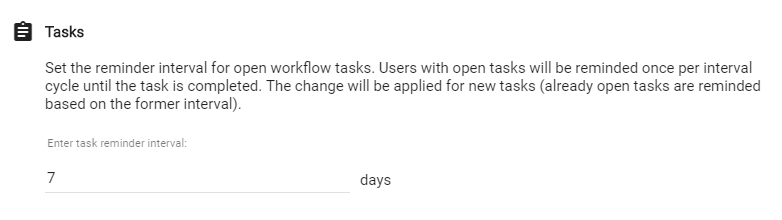 The screenshot shows the default setting for workflow task reminders.
