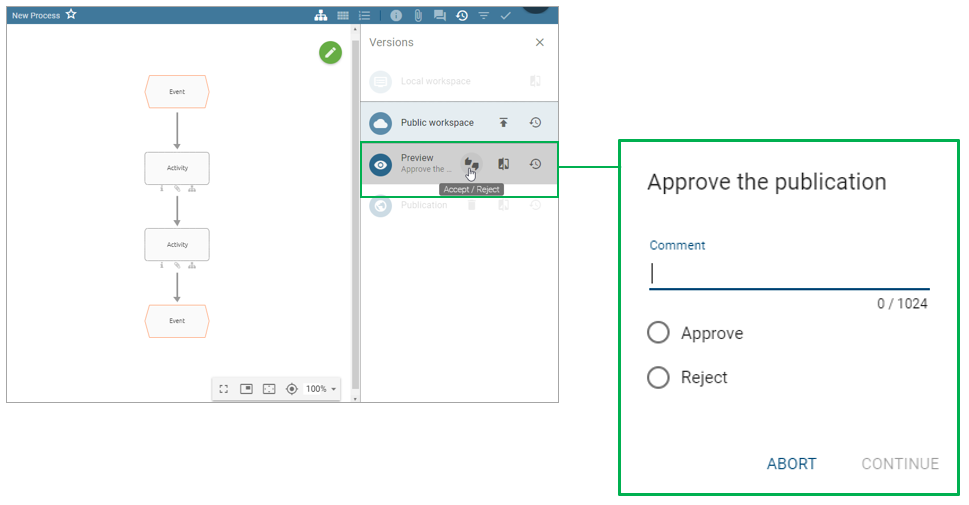 Here the button "Accept/Reject" is displayed in the version bar of the Preview area. In addition, the quality assurance selection window including comment field is displayed.